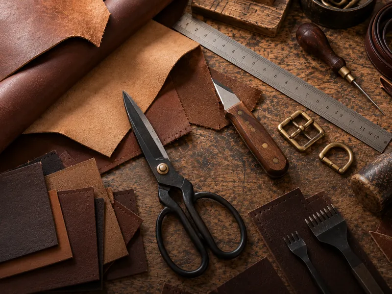 T.M.Exports Leather cutting tools, ruler, and hardware on a workbench