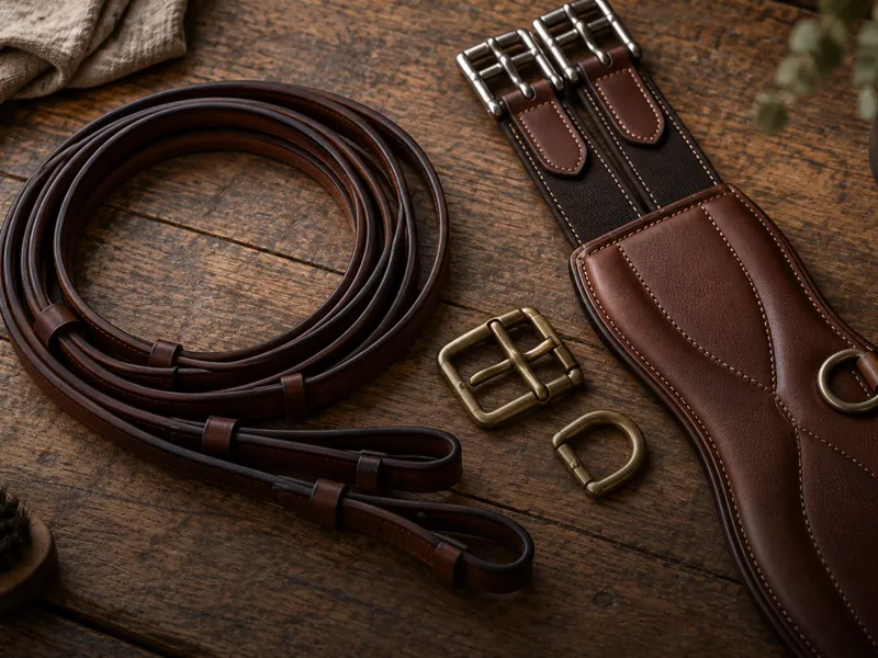 T.M. Exports Reins, buckles, and girth hardware laid out on a wooden workbench