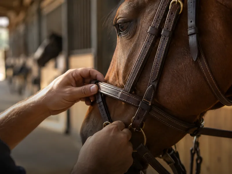 T.M. Exports Hands fitting a leather bridle on a horse in a stable