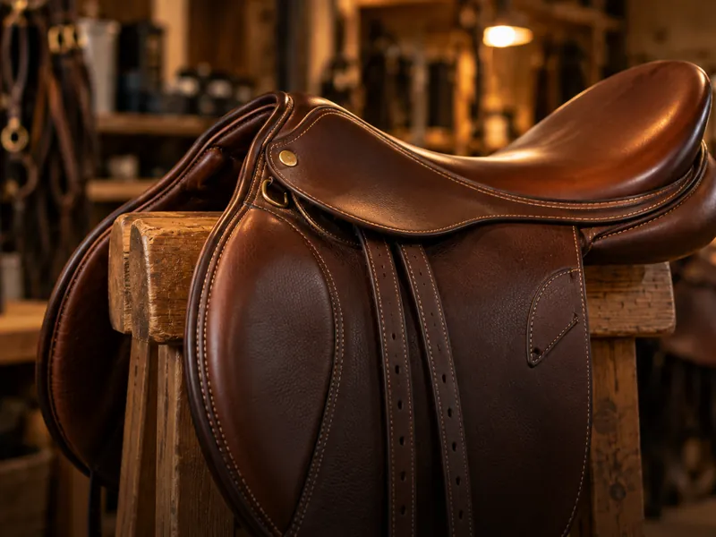 T.M. Exports English saddle resting on a wooden rack in a leather workshop