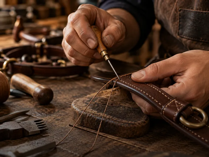 T.M. Exports Hands hand-stitching a leather strap with an awl and waxed thread
