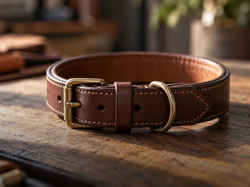 T.M. Exports Close-up of a stitched leather dog collar with brass buckle