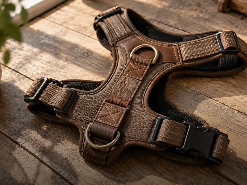 T.M. Exports Padded dog harness with adjustable straps on a wooden surface