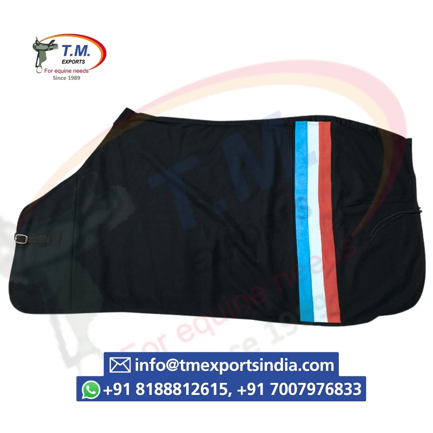 Black Horse Rug with Blue & Red Stripe | T.M. Exports
