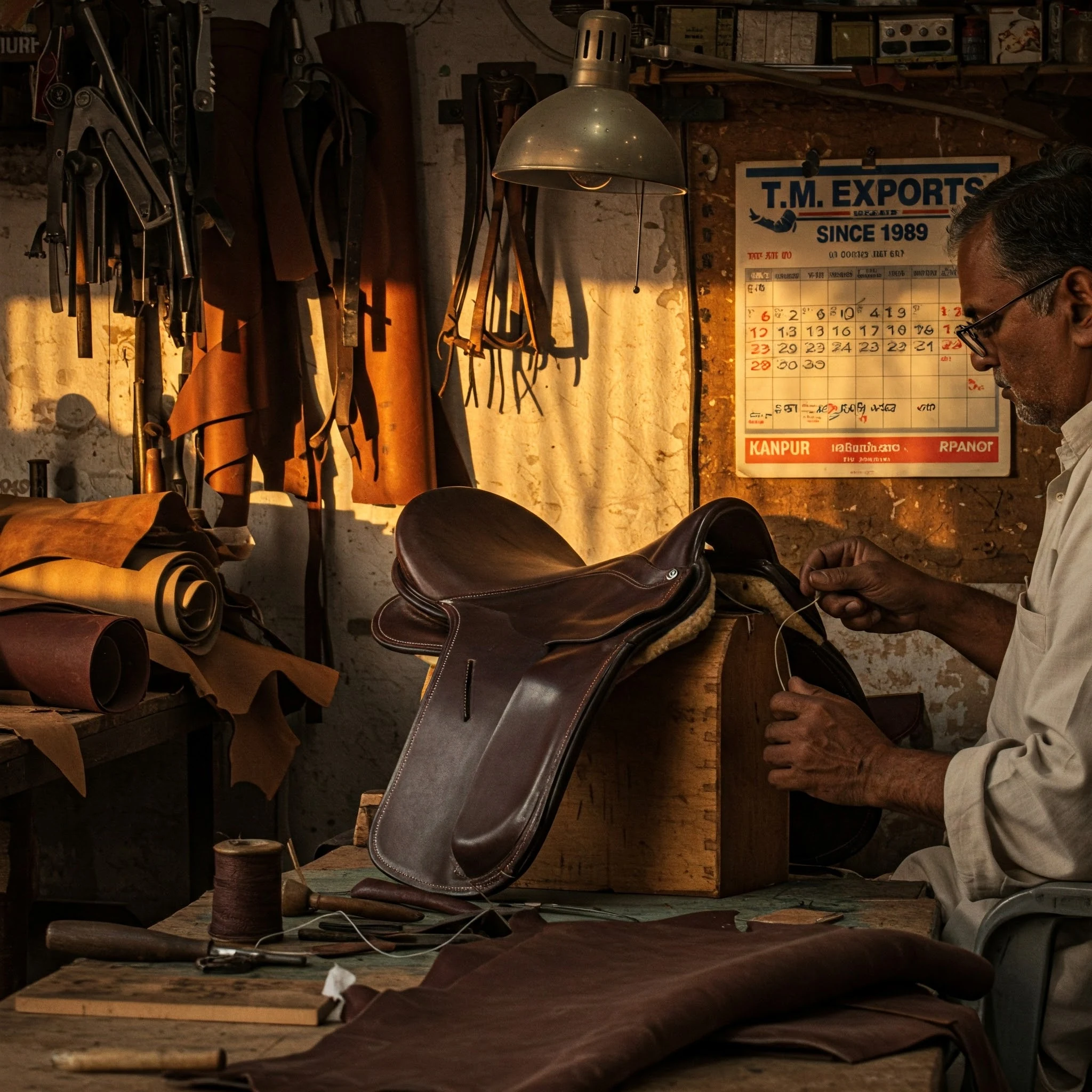 T.M. Exports saddle craftsmanship and equestrian manufacturing workshop