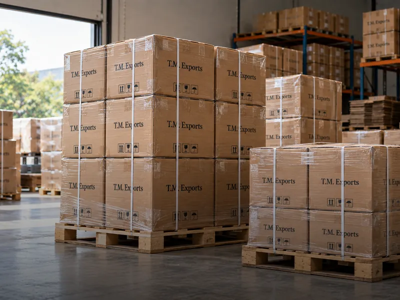 T.M. Exports Wrapped export pallets of packed boxes ready for shipment in a warehouse