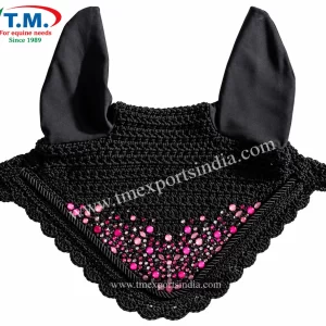 Black crochet fly bonnet with pink rhinestone trim for horses