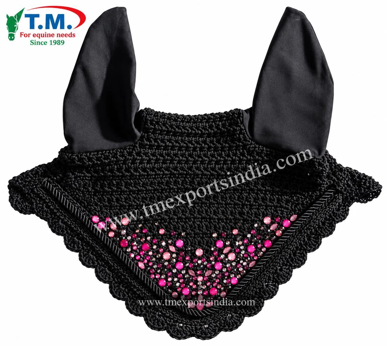 Black crochet fly bonnet with pink rhinestone trim for horses