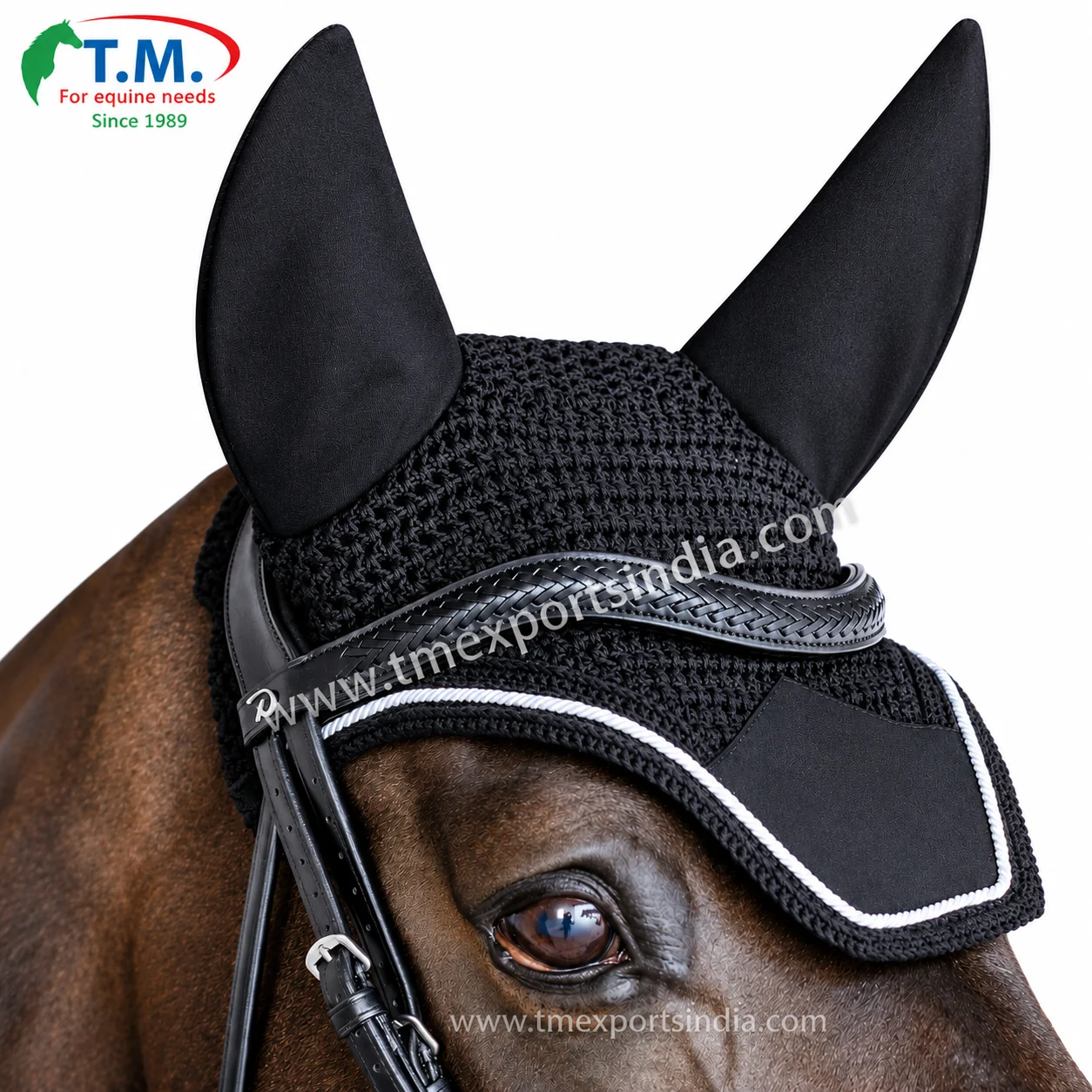 Black crochet horse fly veil with matching black ear covers