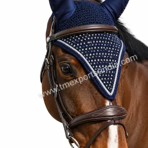 Navy blue embellished horse fly bonnet with decorative detailing