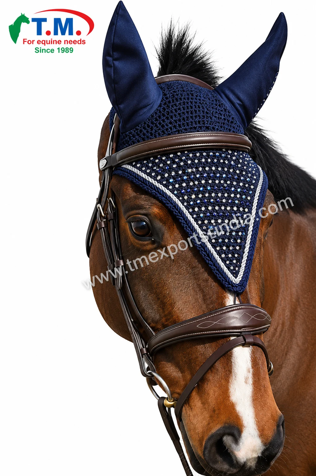 Navy blue embellished horse fly bonnet with decorative detailing