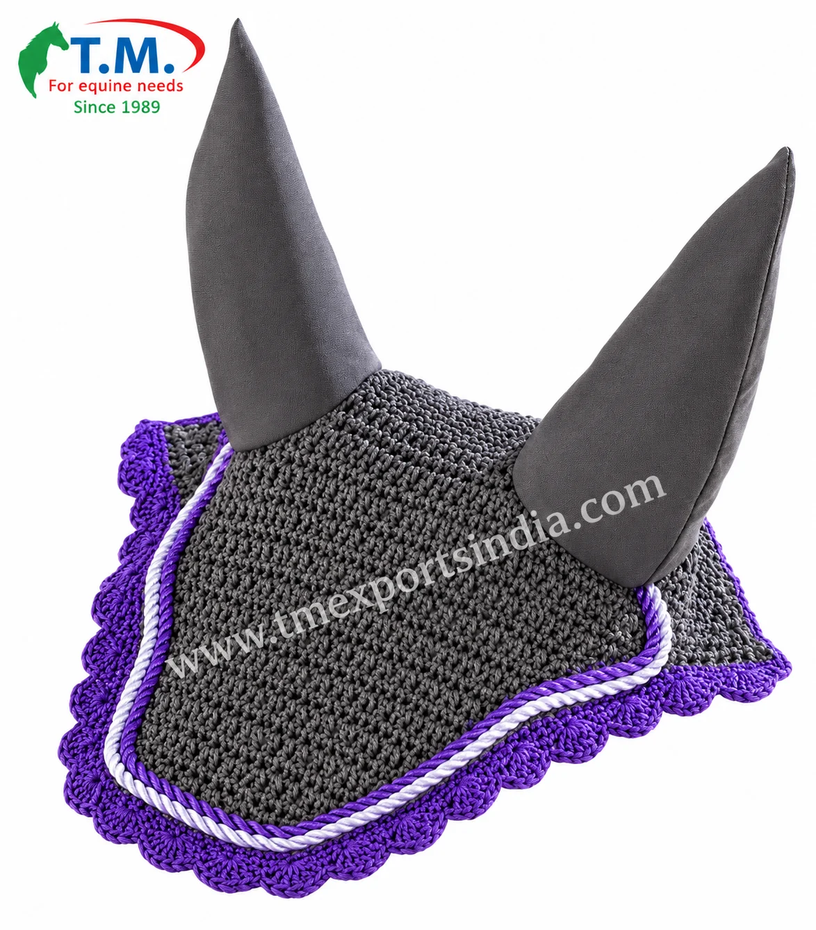 Grey and purple crochet horse fly veil with contrasting trim