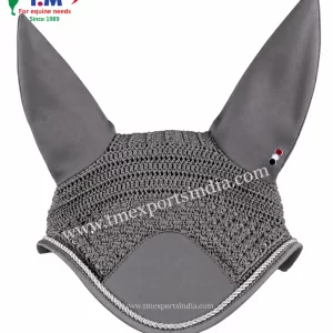 Grey crocheted horse ear bonnet with decorative edging