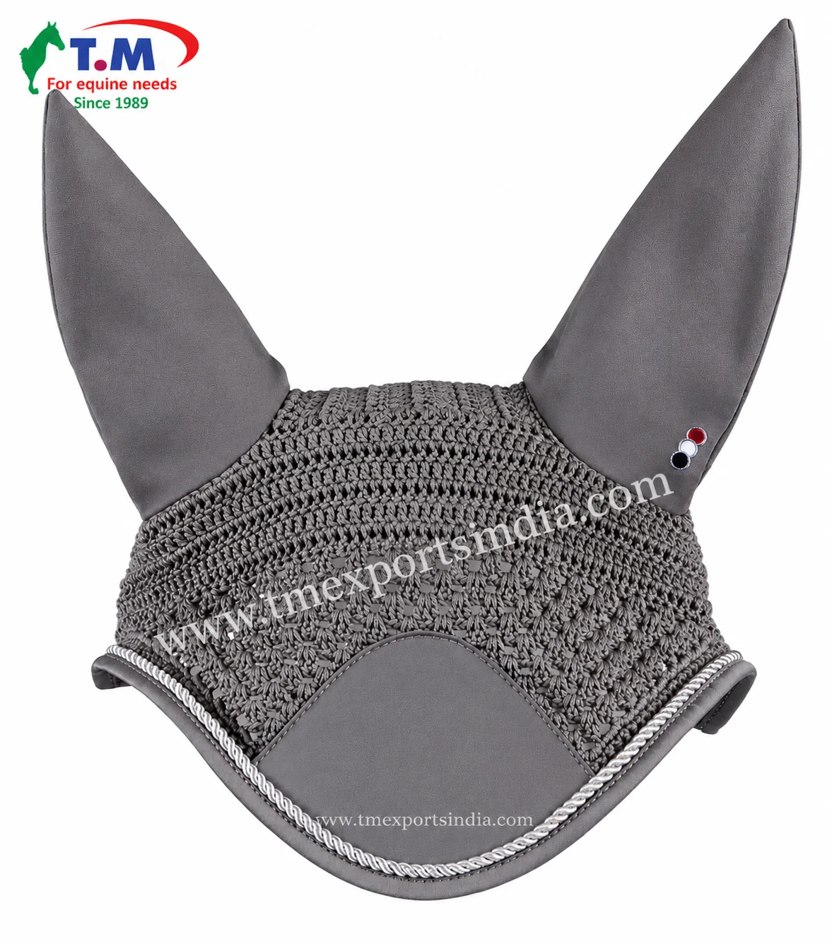 Grey crocheted horse ear bonnet with decorative edging