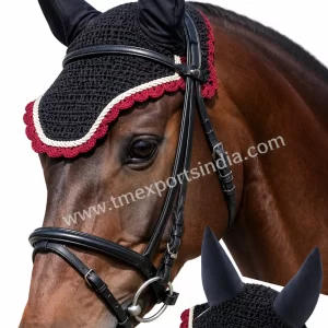 Black crochet fly veil worn by horse with matching ear covers