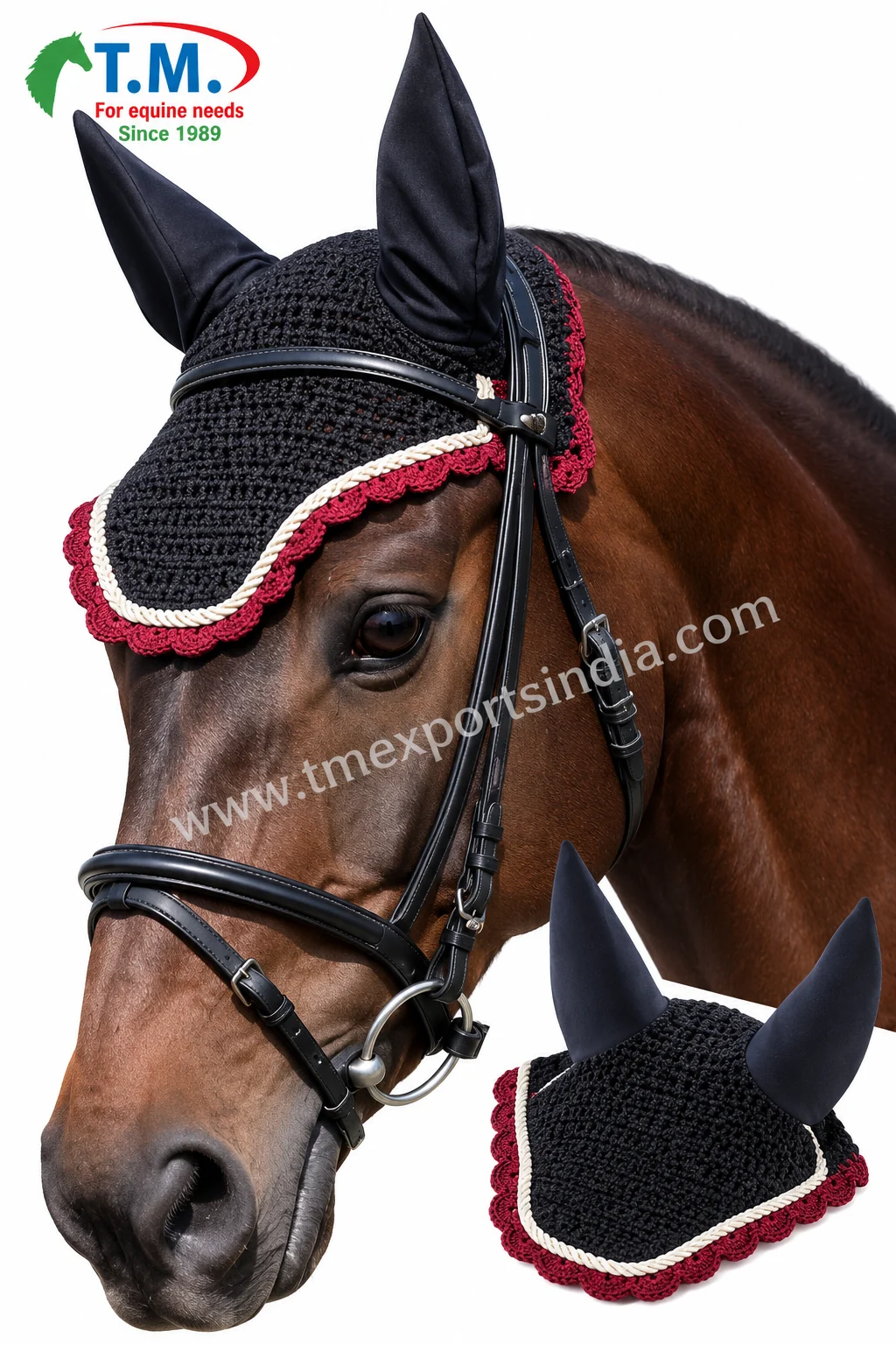 Black crochet fly veil worn by horse with matching ear covers