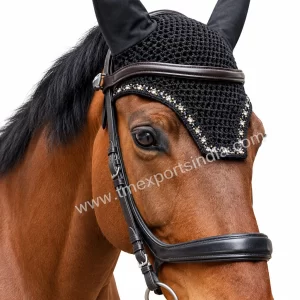 Black jeweled horse fly bonnet with decorative rhinestone accents
