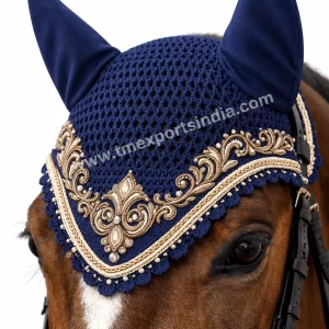 Luxury navy blue and gold horse fly veil with ornate trim