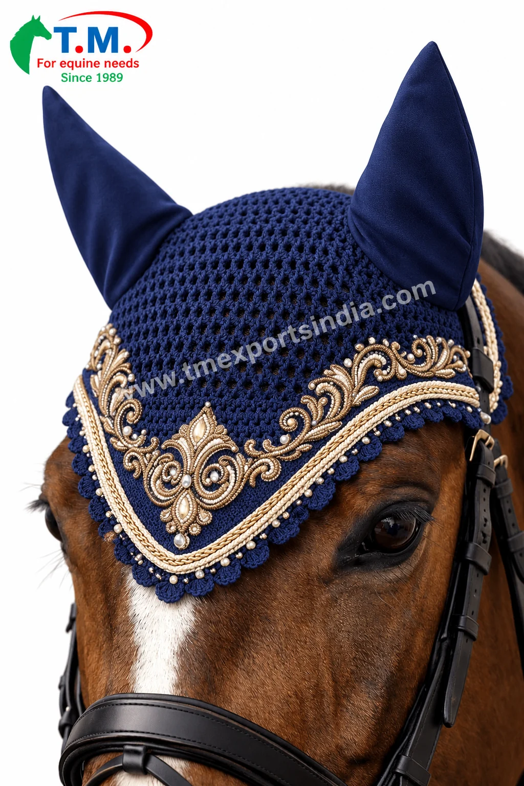 Luxury navy blue and gold horse fly veil with ornate trim