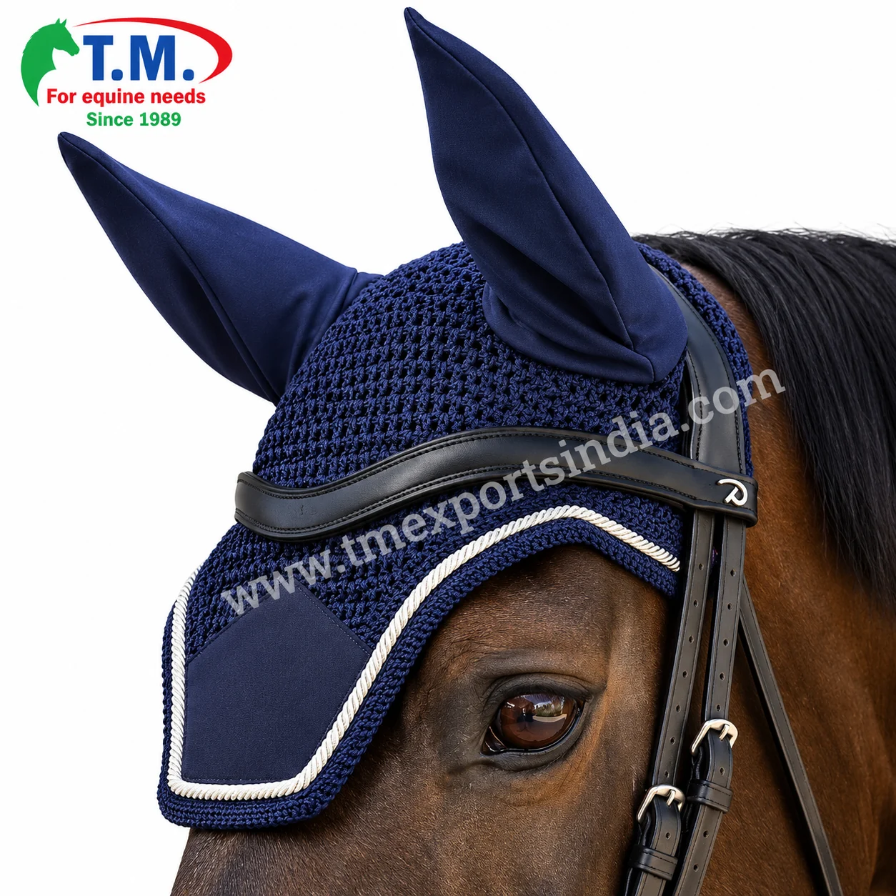 Navy blue horse fly bonnet with matching fabric ear covers