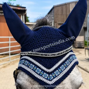 Navy rhinestone horse fly bonnet with decorative crystal detailing