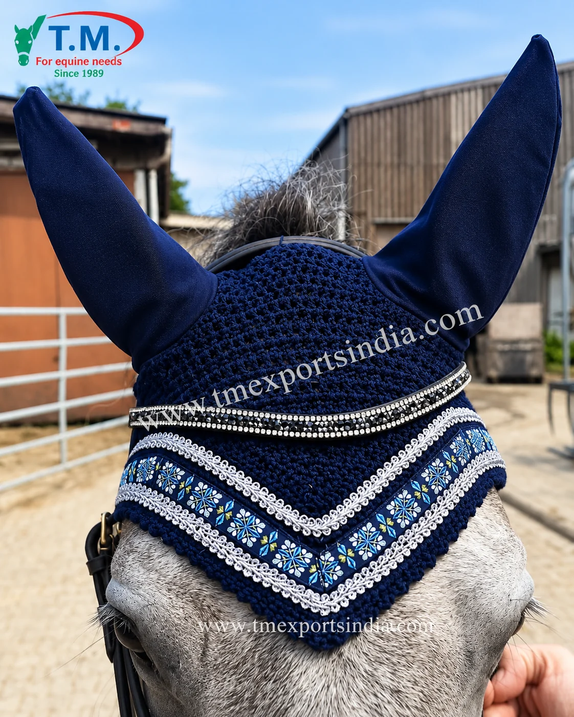 Navy rhinestone horse fly bonnet with decorative crystal detailing