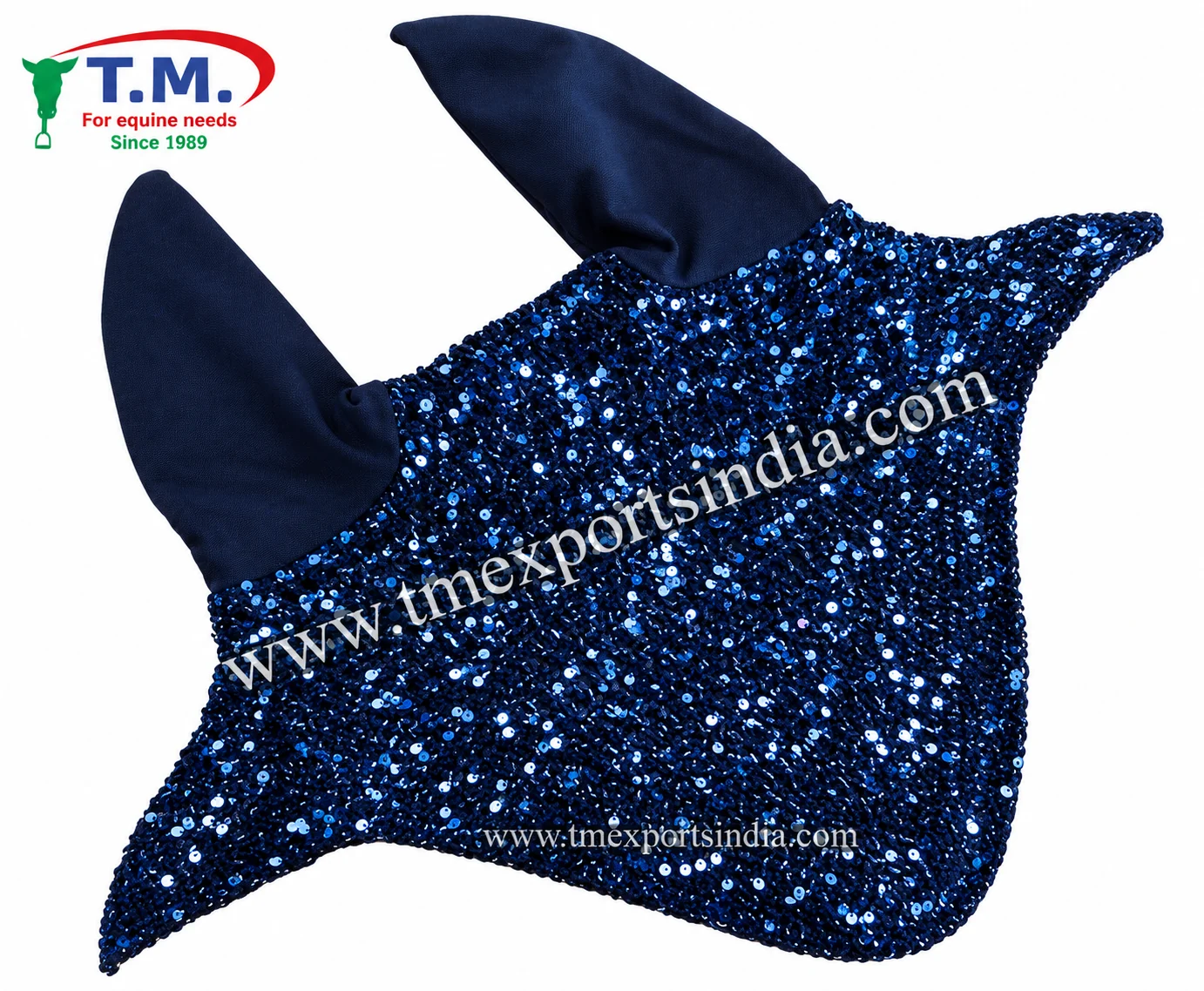 Navy blue sequin horse fly veil with embellished crochet design
