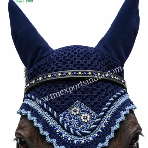 Ornate navy blue rhinestone horse ear bonnet with decorative trim