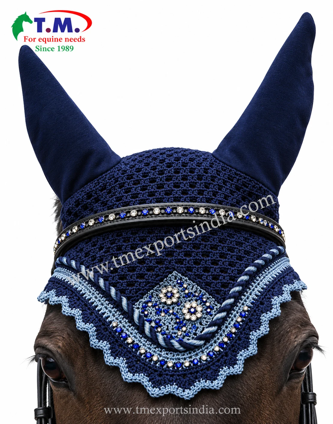Ornate navy blue rhinestone horse ear bonnet with decorative trim