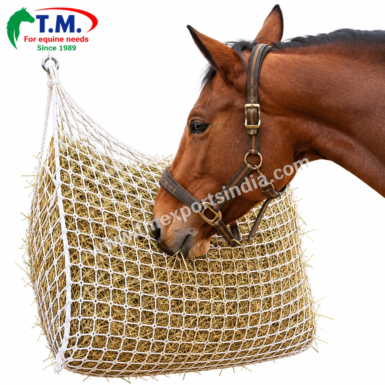White rope mesh hay net shown with a horse feeding from hanging hay | T.M. Exports India