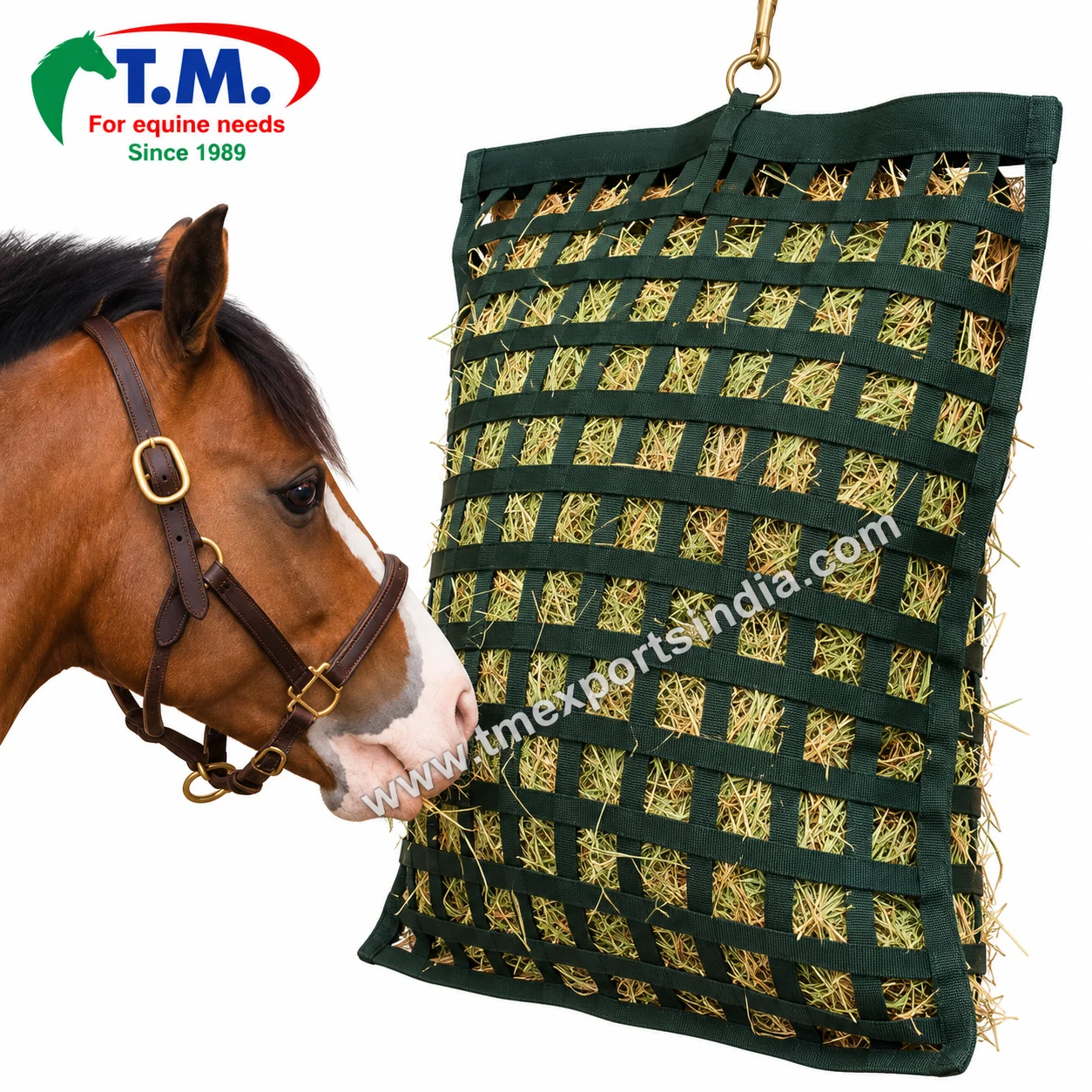 Forest green woven webbing hay feeder bag hanging beside a horse | T.M. Exports India