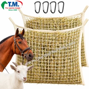White rectangular mesh hay feeder nets shown with horse and goat | T.M. Exports India