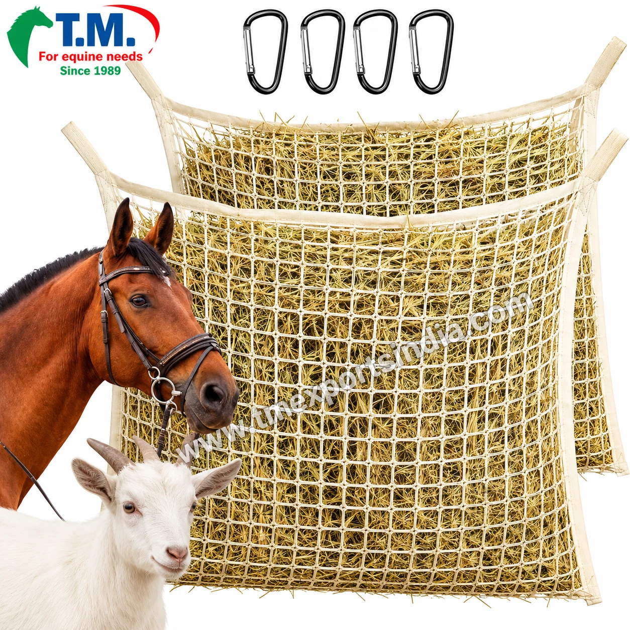 White rectangular mesh hay feeder nets shown with horse and goat | T.M. Exports India