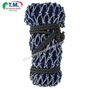 Folded navy blue and grey knotted rope hay net bundle | T.M. Exports India