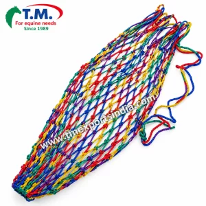 Multicolour rainbow knotted rope hay net displayed flat | T.M. Exports India