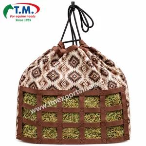 Brown webbing hay feeder bag with Southwestern print fabric and drawcord top | T.M. Exports India