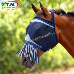 Bay horse wearing navy blue fly mask with grey trim and blue-white muzzle fringe, article TM-FM-001