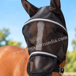 Chestnut horse wearing black full-face mesh fly mask with ear covers, lower nose panel and grey bands, TM-FM-002