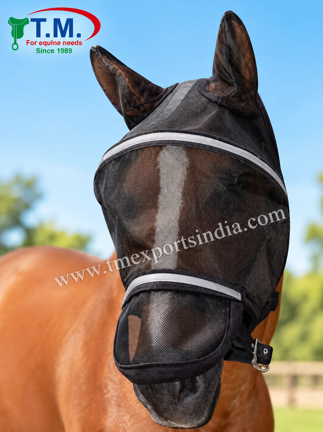 Chestnut horse wearing black full-face mesh fly mask with ear covers, lower nose panel and grey bands, TM-FM-002