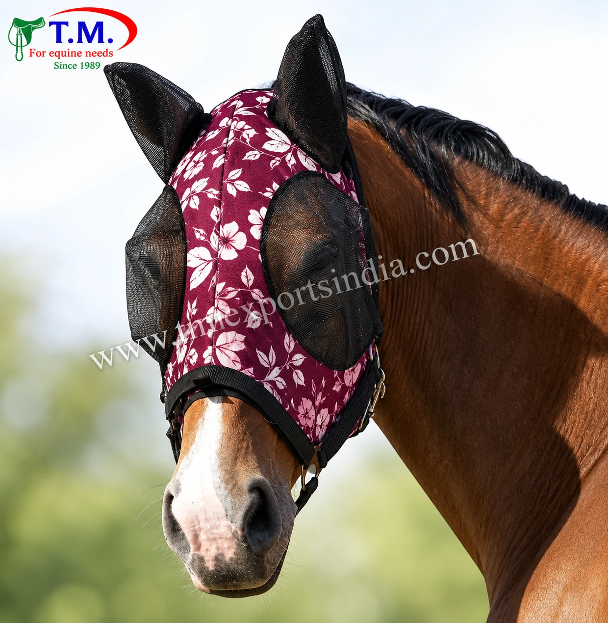 Bay horse wearing burgundy floral fly mask with black mesh eye panels, mesh ears and cheek straps, TM-FM-004
