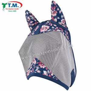 Studio view of navy floral full-face horse fly mask with pale grey mesh, matching ears and navy trim, TM-FM-005