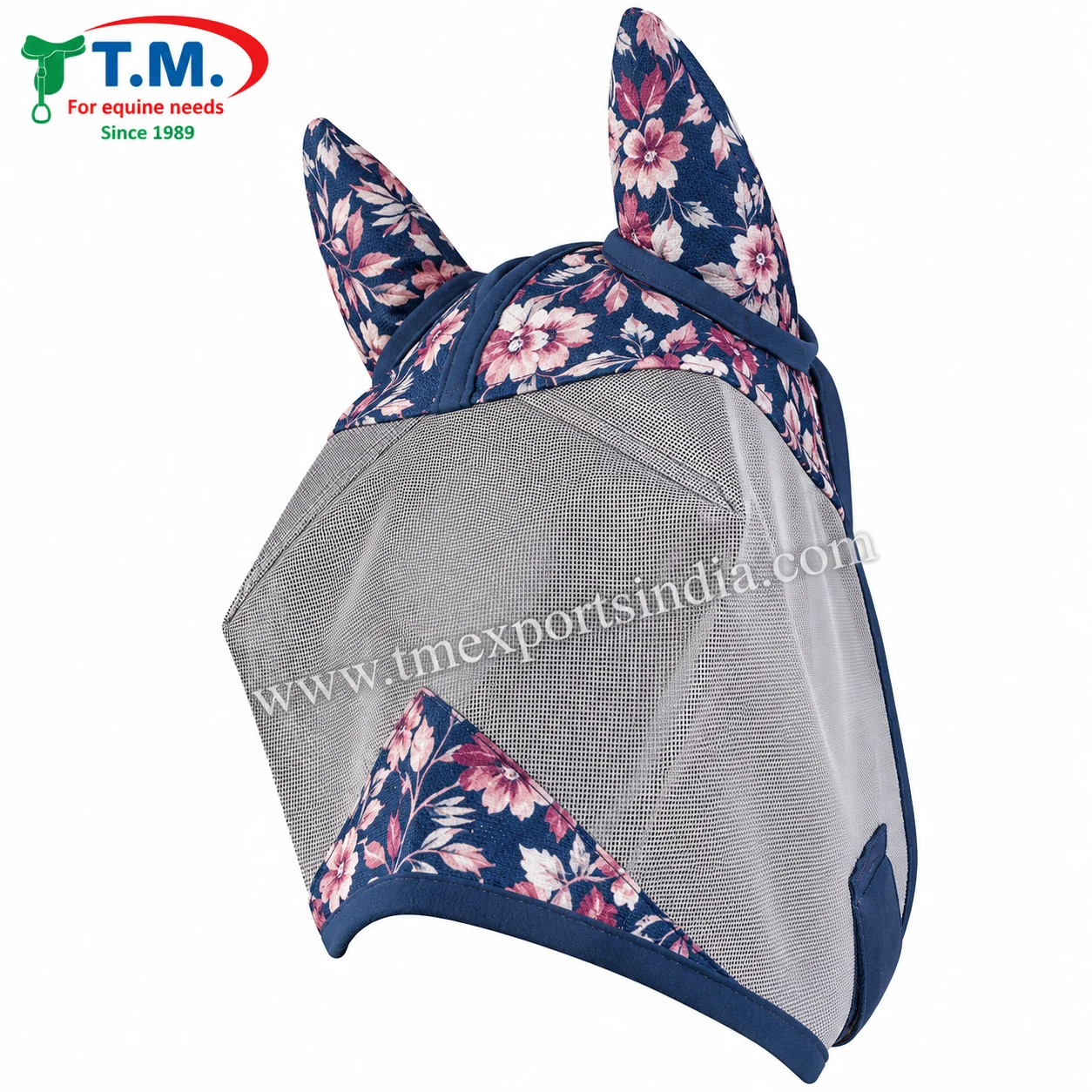 Studio view of navy floral full-face horse fly mask with pale grey mesh, matching ears and navy trim, TM-FM-005