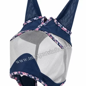 Navy and light-grey mesh horse fly mask with floral edge trim and dark mesh ear covers, article TM-FM-006