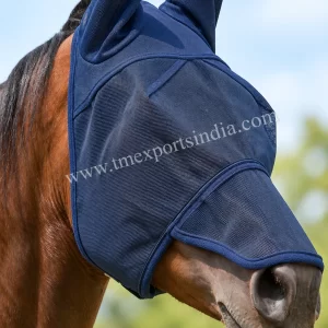 Bay horse in solid navy close-fit fly mask with enclosed ears and extended nose flap, article TM-FM-007