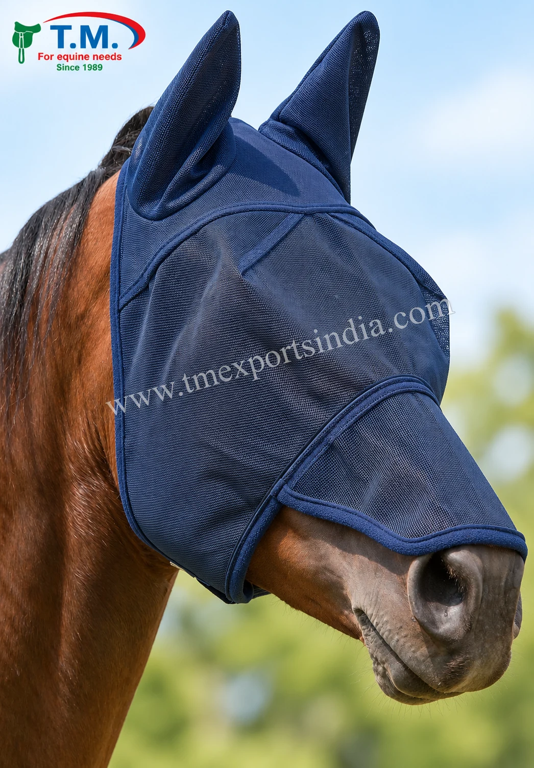 Bay horse in solid navy close-fit fly mask with enclosed ears and extended nose flap, article TM-FM-007
