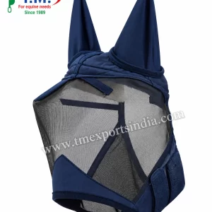 Studio photograph of navy fine-mesh horse fly mask with covered ears, grey mesh and nose edging, TM-FM-008