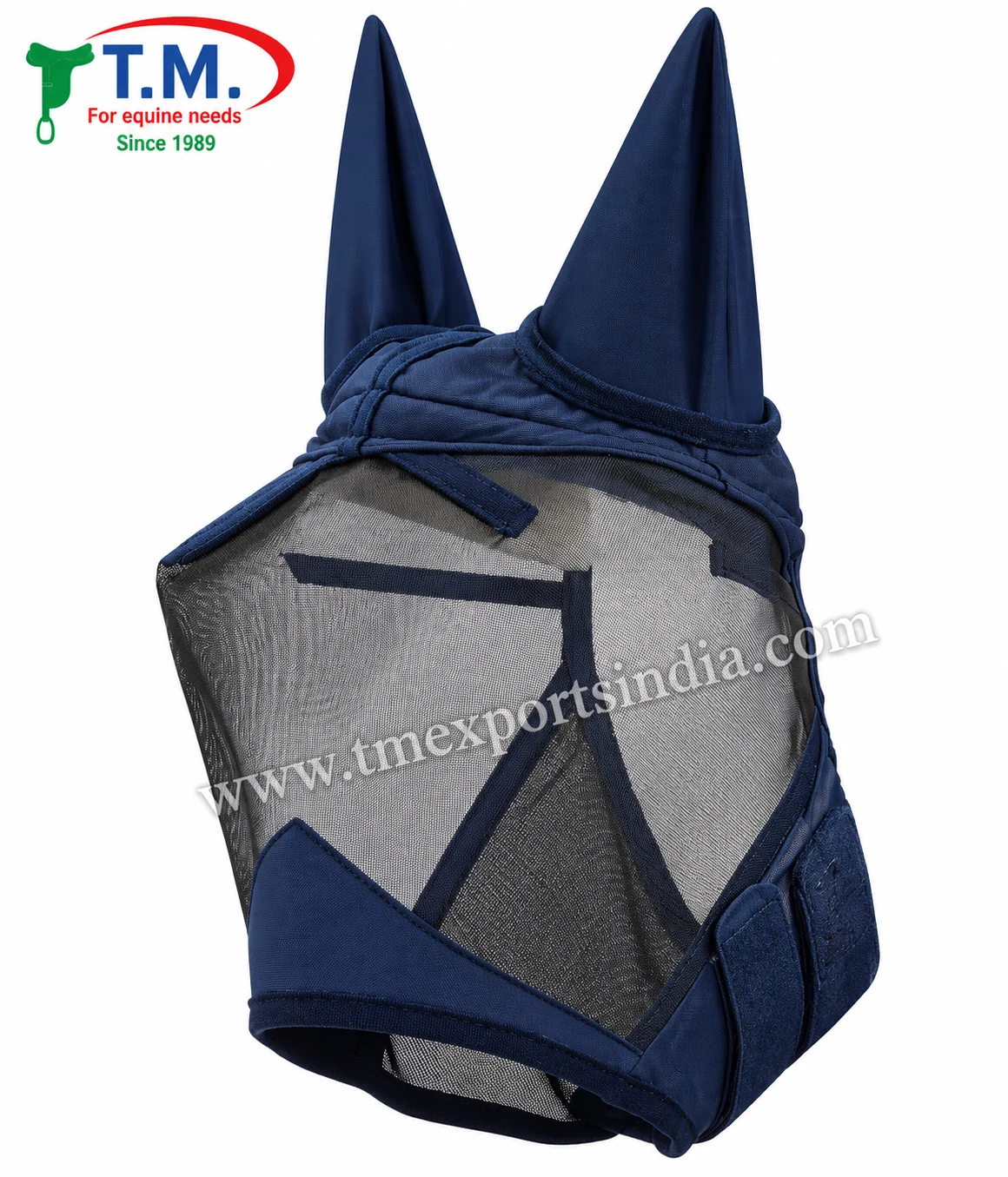 Studio photograph of navy fine-mesh horse fly mask with covered ears, grey mesh and nose edging, TM-FM-008