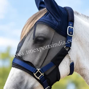 Grey horse wearing navy fine-mesh fly mask with ear covers and adjustable side buckle strap, article TM-FM-009