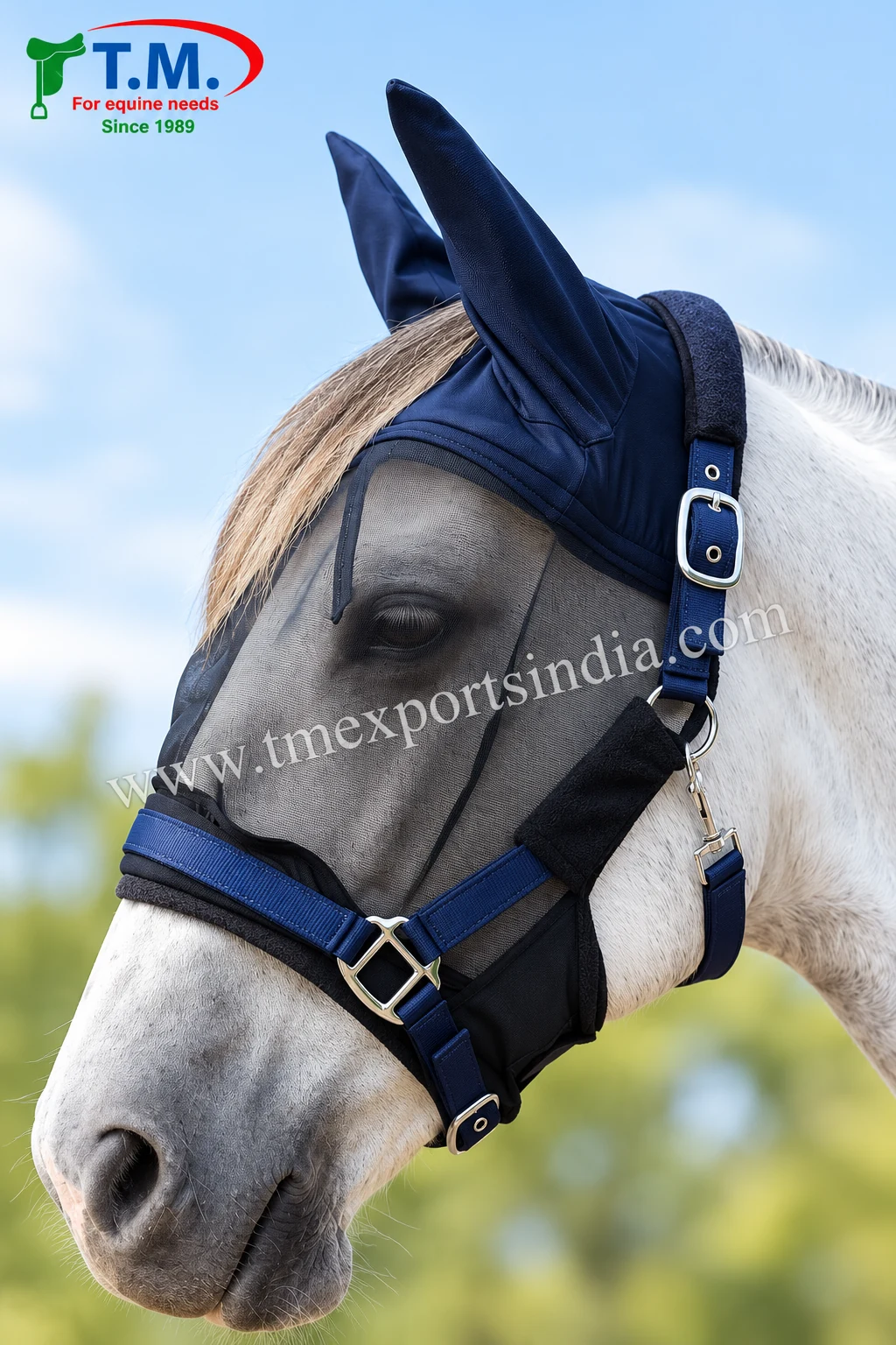 Grey horse wearing navy fine-mesh fly mask with ear covers and adjustable side buckle strap, article TM-FM-009