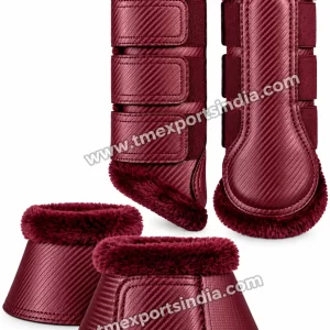 Burgundy Fleece-Trim Horse Boot and Bell Boot Set in burgundy, matching tall protective boots and bell boots with plush trim and textured outer panels – T.M. Exports India wholesale equestrian catalogue